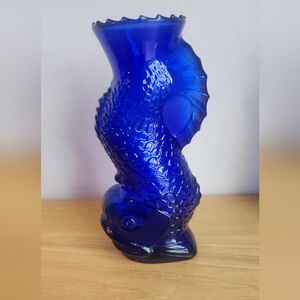Cobalt Blue Koi FISH Vase Decor Nautical Art Glass Figure